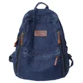Large capacity blue denim backpack with brown leather patch for school and travel use - Dark Blue