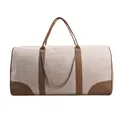 Große beige Canvas-Tragetasche mit braunem Lederbesatz und silberner Deko-Kette - Khaki