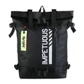 Black streetwear roll-top backpack with white Impetuous text and neon green tag - Black