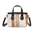 Fashionable striped woven bucket bag with brown leather handles and gold hardware - Khaki