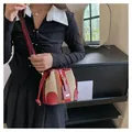 Fashionable striped bucket bag shown on a model with a red leather strap and gold buckle - Red