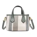 Chic grey and white striped canvas bucket bag with blue leather trim and top handle - Gray