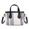 Blue and white striped canvas bucket bag with dark blue leather trim and crossbody strap - Blue