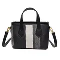 Striped canvas bucket bag with black leather straps and gold hardware for women - Black