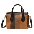 Brown woven bucket bag with green and dark brown vertical stripes and leather handle - Brown