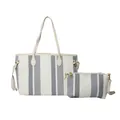 Gestreepte canvas tote tas set met bijpassend tasje en witte leren riemen - Blauw