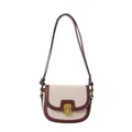Retro saddle shoulder bag in beige canvas and deep red leather trim for women - Red