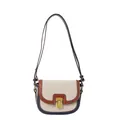 Retro contrast-color saddle bag in beige fabric with brown and navy leather trim - Brown & Blue