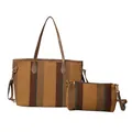 Gestreepte canvas shopper set in bruin en groen met bijpassende crossbody tas - Bruin