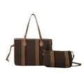 Bruin gestreepte geweven canvas tote bag set met bijpassende schoudertasje - Chocolade