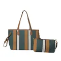Gestreept canvas draagtas set in groenblauw en bruin met bijpassend tasje - Groen
