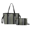 Zwart-wit gestreepte canvas shopper set met een bijpassende handtas met ritssluiting - Zwart en Blauw