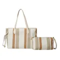 Gestreepte canvas shopper en crossbody tas set met geweven textuur en leren bies - Geel