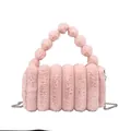 Pink plush faux fur handbag with stylish pom-pom handle and silver chain strap - Pink