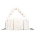 White faux fur handbag with striped texture, plush ball handle and silver metal chain strap - White