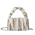 Furry striped plush handbag with cream and brown faux fur and a fuzzy pom-pom handle - White and Khaki