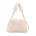Elegante bolso de hombro de piel sintética beige con asa de felpa y cadena de perlas - Blanco