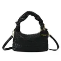Handwoven black leather tote bag with checkered pattern and scrunchie handle for women - Black
