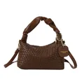 Dark brown woven leather handbag with a stylish twisted handle and gold chain detail - Brown
