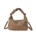 Handwoven khaki tote bag with pleated cloud handle and adjustable shoulder strap - Khaki
