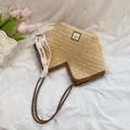 Retro-Stroh-Shopper in Beige mit braunem Rand und dekorativem weißen Schleifenband - Khaki mit Braun