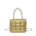 Champagne gold quilted crossbody bag with heart patterns and faux pearl handle - Gold