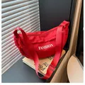 Large red crescent nylon bag with white fashion text and wide adjustable strap - Rose Red