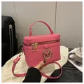 Minimalist pink box handbag with golden M hardware and long shoulder strap - Rose Red