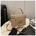 Chic khaki box-shaped PU leather handbag with gold M-logo and adjustable strap - Khaki