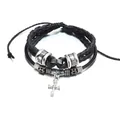 Vintage Lederarmband für Herren mit Kreuzanhänger und Bronzeperlen Dekor - Retro geflochtenes Kreuz-Armband / Schwarz