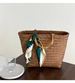 Dark brown handwoven straw bag with natural bamboo handles and decorative green scarf - Coffee (Large Bamboo Handle with Satin Scarf)