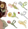 Elegant hand-painted floral hair claw clips featuring tulip and sunflower designs - Multi-style Floral Claw Clip Set