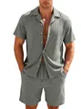 Men's grey summer casual set with short sleeve button shirt and ribbed texture shorts - Marl Grey