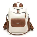Detail view of large capacity faux leather backpack with stylish contrast colors - White with Two-tone Brown
