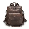 Detailed view of a dark brown vintage faux leather backpack with metallic zippers - Two-tone Coffee