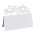 White laser-cut wedding place card featuring an elegant horse carriage and scrollwork - White