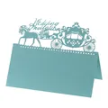 Elegant laser cut light blue wedding place card featuring a horse carriage design - Teal