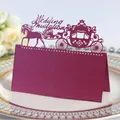 Elegant laser cut dark red wedding place card with horse carriage and pearlescent finish - Purplish Red