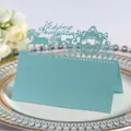 Light blue laser-cut wedding place card with carriage design and hollow invitation text - Pearl Pale Blue