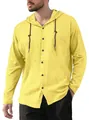 Men's yellow cotton linen hooded long sleeve shirt with drawstring and buttons - Lemon Yellow