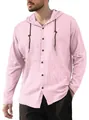 Men's casual long sleeve hooded shirt in light pink with drawstring and buttons - Pink