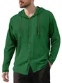 Men's dark green long sleeve hooded cotton shirt with drawstring and buttons - Dark Green