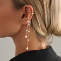 Elegant gold tassel ear cuff featuring multiple white pearls and hanging chain design - Gold Artificial Pearl Tassel Style (0049)
