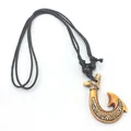 Maori style fish hook pendant necklace with resin bone texture and black cord - Fish Hook Style (B) / Red Brown