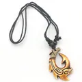 Maori style fish hook necklace with resin bone pendant and black woven cord - Fish Hook Style (D) / Red Brown