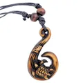 Maori style resin fish hook necklace with turtle carving and adjustable cord - Sea Turtle Fish Hook Style (C) / Red Brown