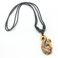 Maori style resin fish hook necklace with turtle carving and black woven cord - Sea Turtle Fish Hook Style (F) / Red Brown