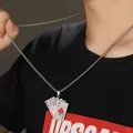 Collier hip-hop argenté avec pendentif poker royal flush et strass blancs pour homme - 60CM / Quinte Flush Rouge + Chaîne en Acier Inoxydable de 60cm