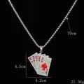 Hip hop silver poker royal flush necklace with clear diamonds and red heart detail - Silver Red Rhinestone Style