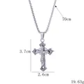 Collier croix en acier titane argenté avec diamants et chaîne longue de 70 cm - Style Croix Double Couche Pavé de Strass (BY-037)